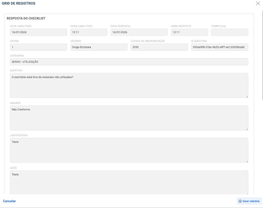Detalhe da resposta do checklist