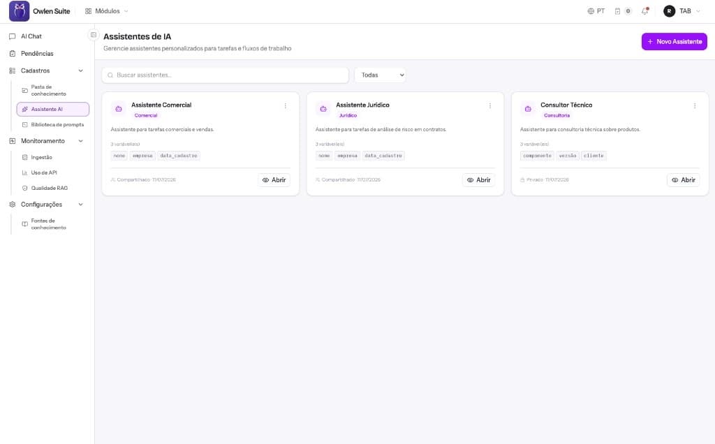 Tela de assistentes de IA com assistente comercial, jurídico e consultor técnico.